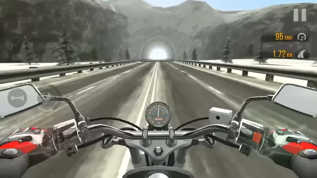 First-person perspective of a red motorbike overtaking traffic in Traffic Rider PC version