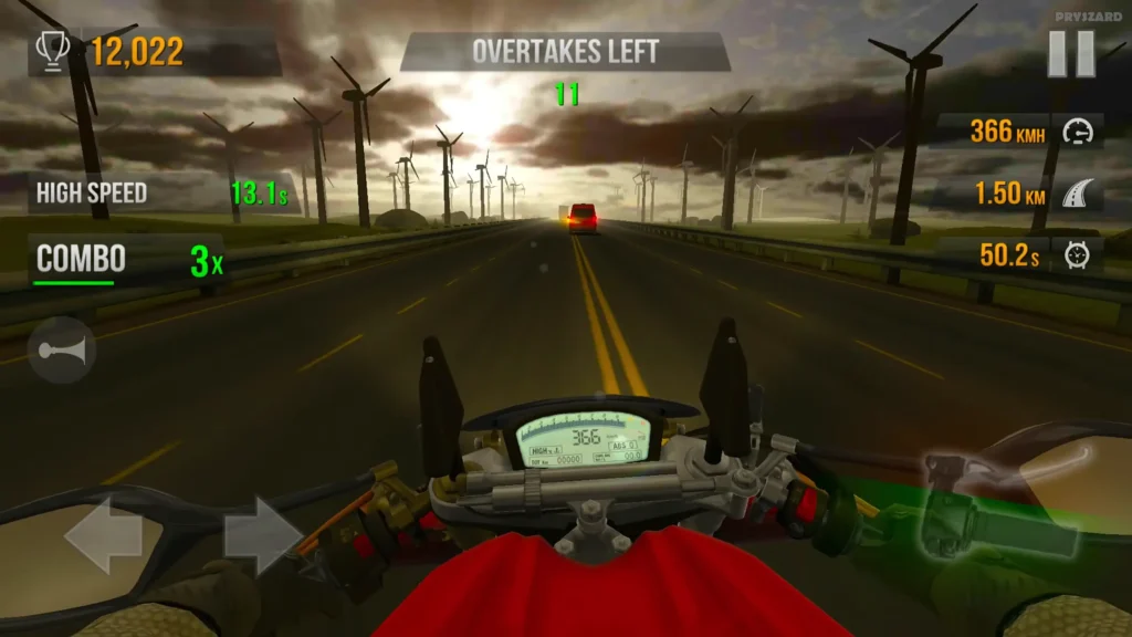 Traffic Rider Mod APK for PC gameplay showing high-speed motorcycle racing on a city highway